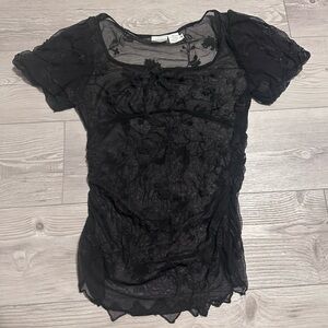 Vintage 90s Newport News Black Mesh Sheer Embroidered Floral Ruffle Top, Size 8